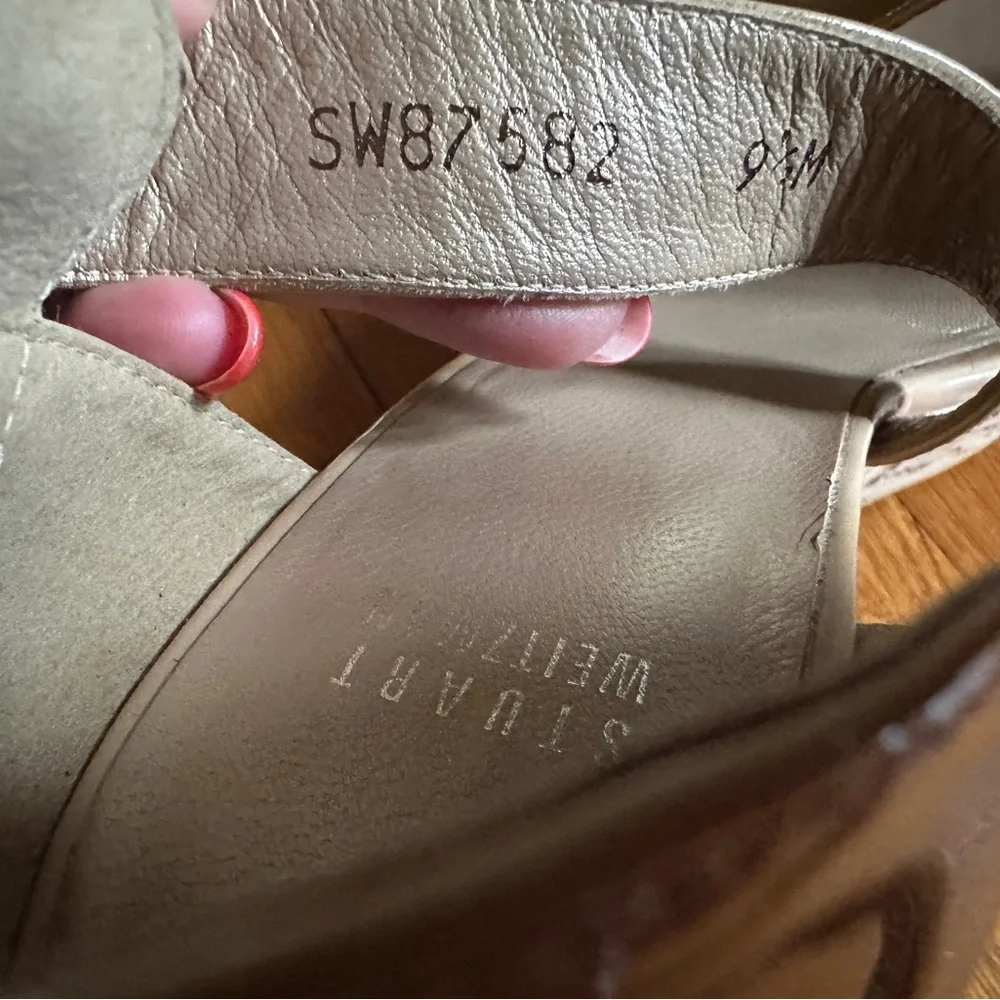 Stuart Weitzman Oneliner Light Nude Patent Leather Cork Wedge Sandals, Size 9.5
